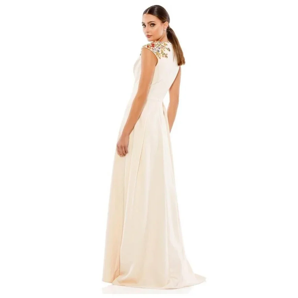 NWT Mac Duggal Beaded Cap Sleeve V Neck A Line Gown Vanilla 0 - Picture 4 of 8